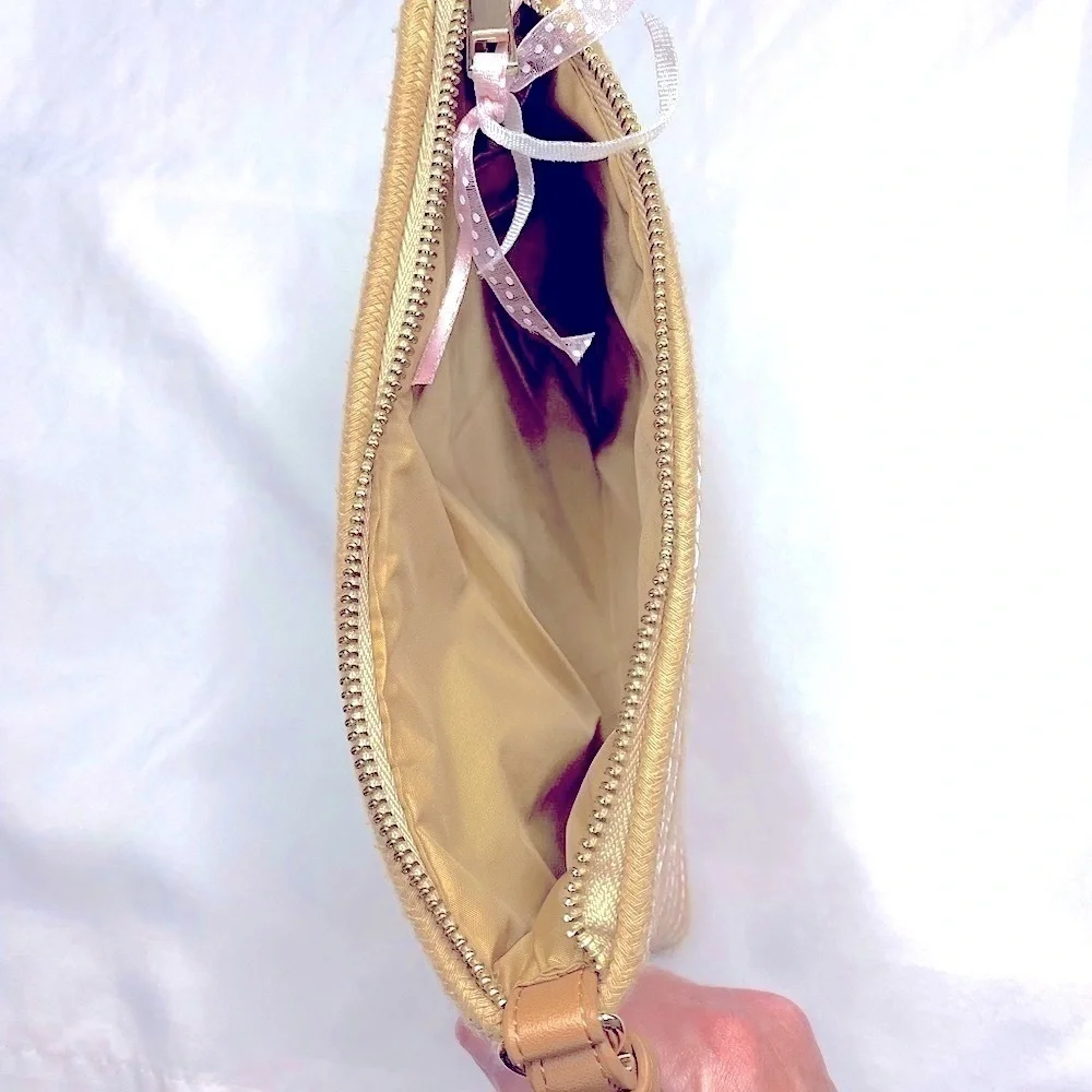 Woven Rattan Clutch Purse/Jewelry Bag with Pink and Blue Ribbon **Like New**